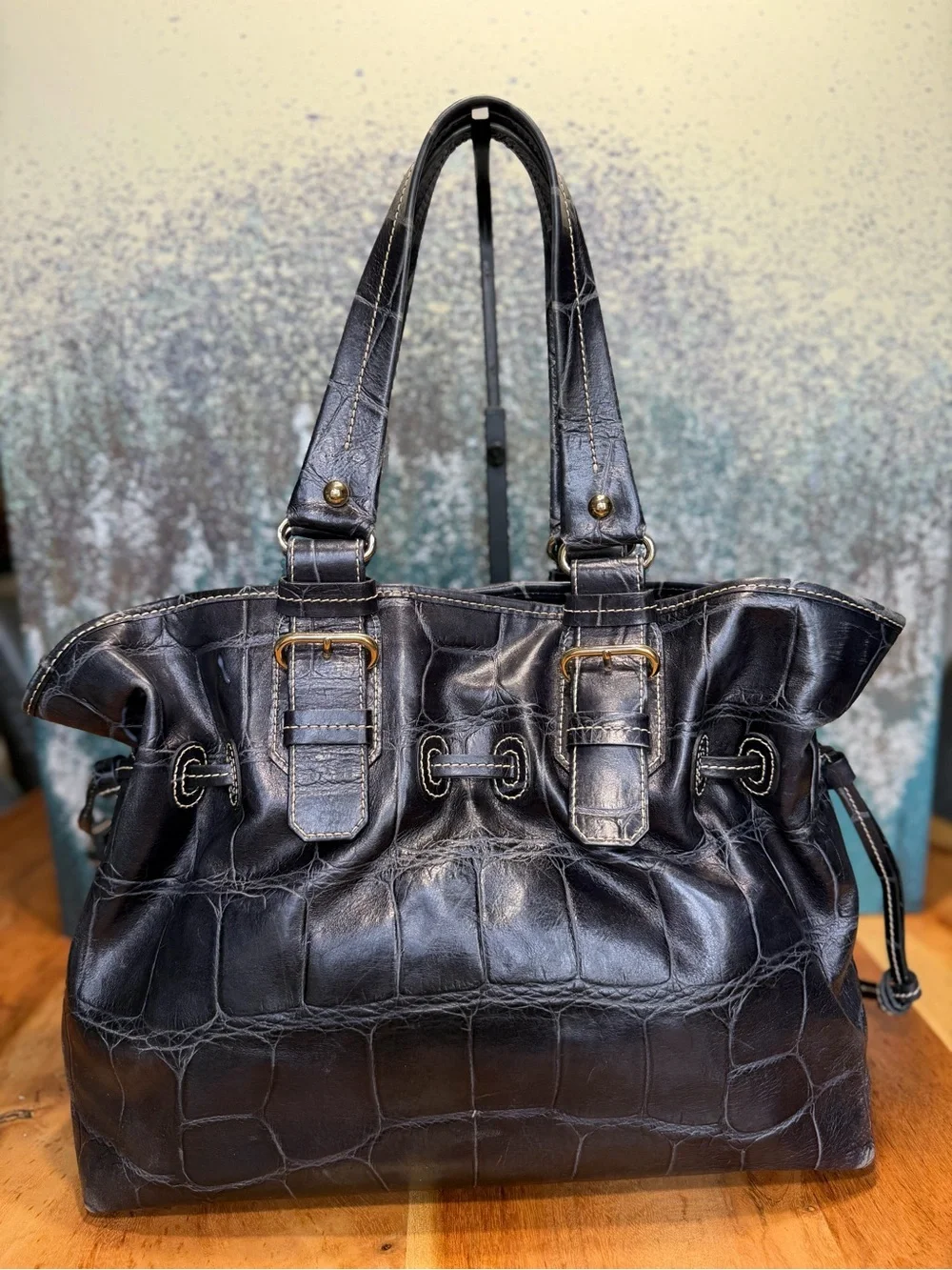 Dooney & Bourke Luxe Y2K Vintage Soft Croc Medium Chiara Drawstring Tote Black